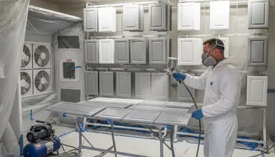 Professional cabinet painting process in Brandon, FL kitchen using spray for smooth, durable finish