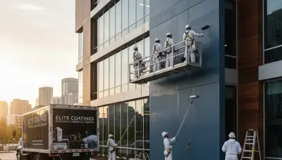 Professional commercial painters working on an office exterior in Brandon, FL