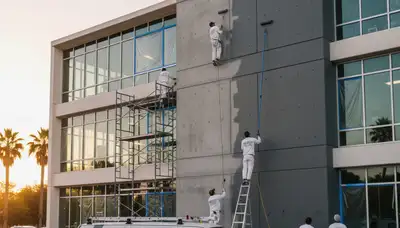 Professional commercial painters finishing office exterior in Brandon, FL for durable, weather-resistant results