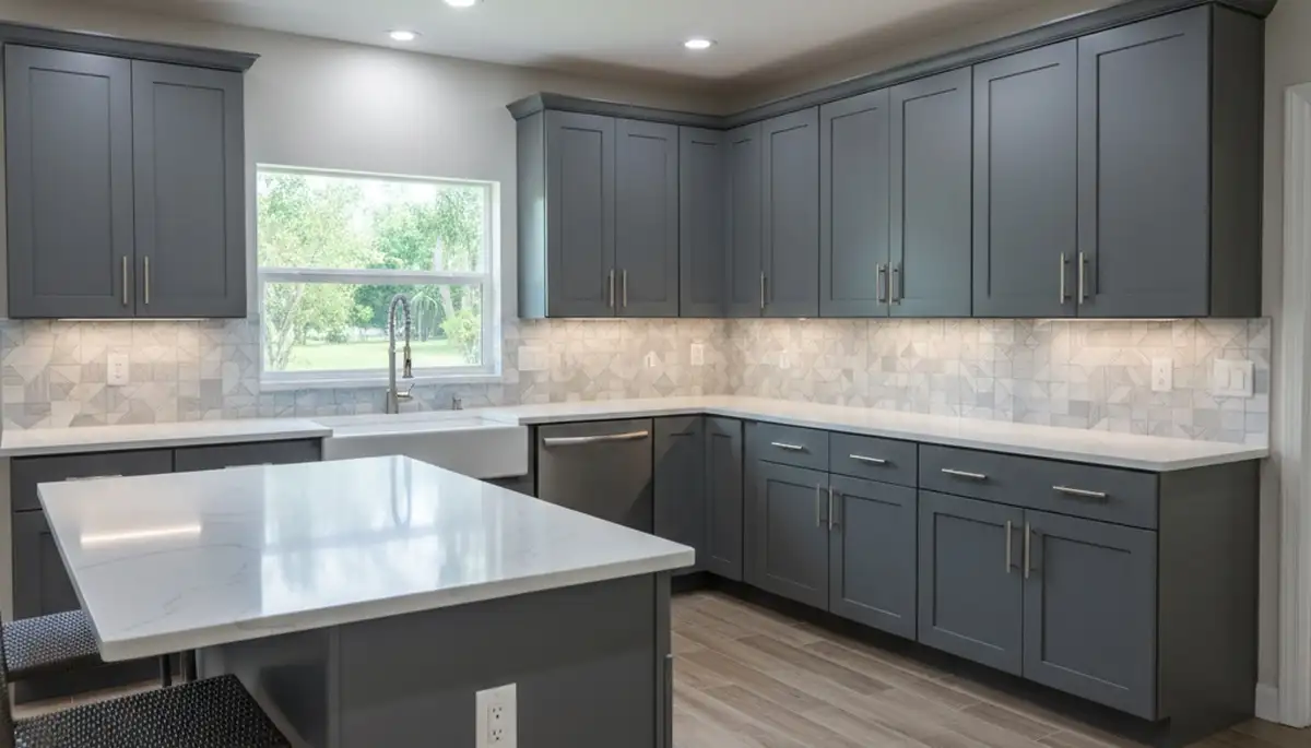 Refinished kitchen cabinets with smooth white finish by professional painters in Brandon, FL