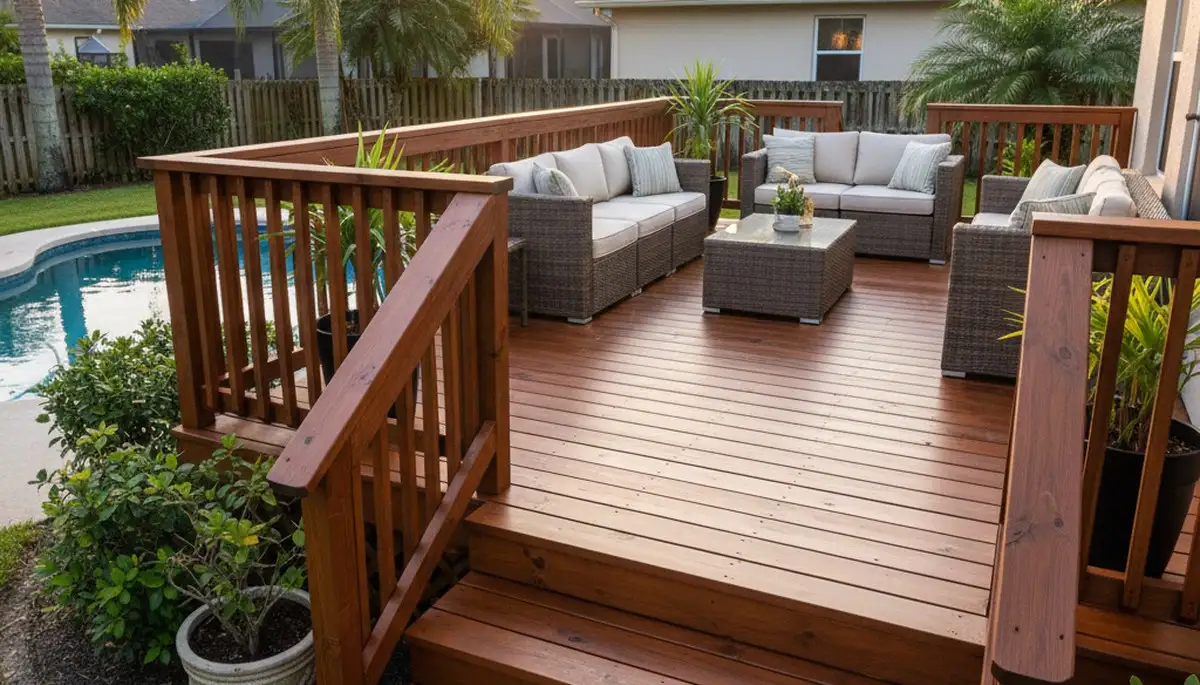 Finished deck staining by professional painters in Brandon, FL highlighting restored wood and weather protection