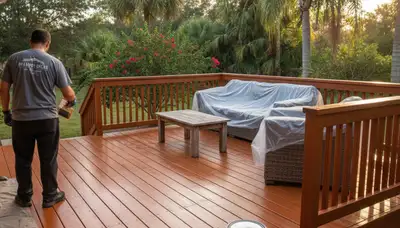 Professional deck staining in Brandon, FL enhancing wood color and weather protection for outdoor spaces