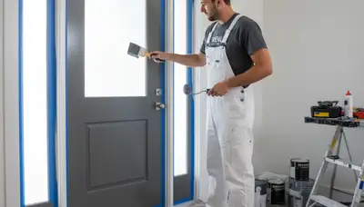 Professional painter refinishing front entry door in Brandon, FL for durable, sun-resistant finish