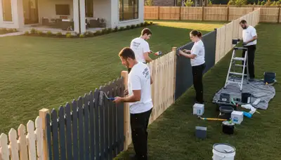 Professional fence painters coating wood fence in Brandon, FL for lasting color and weather protection
