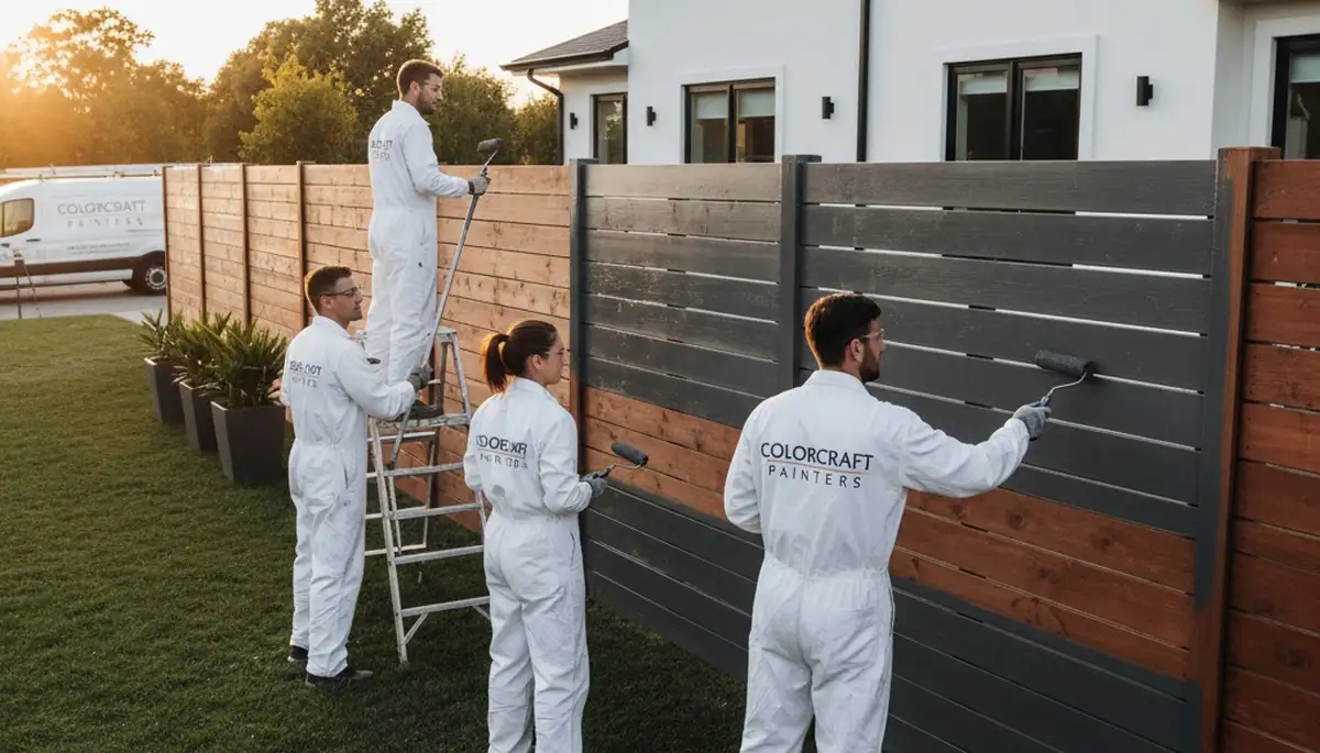 Professional fence painters in Brandon, FL applying weather-resistant paint to a wooden fence