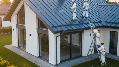 Professional roof painters coating residential roof in Brandon, FL for long-lasting weather protection