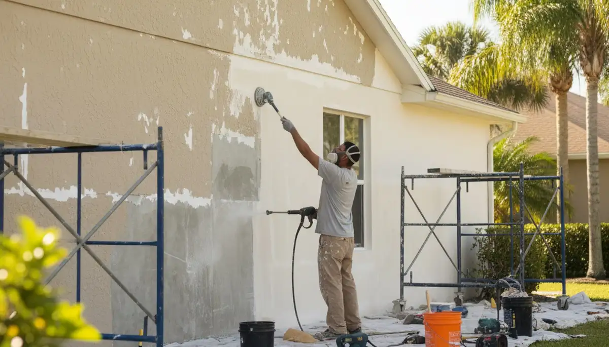 Painter preparing stucco surface for repair in Brandon, FL for long-lasting home exterior protection