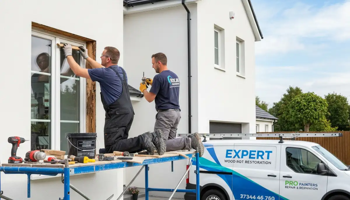 Painter repairing wood rot on home exterior in Brandon, FL for expert wood restoration service